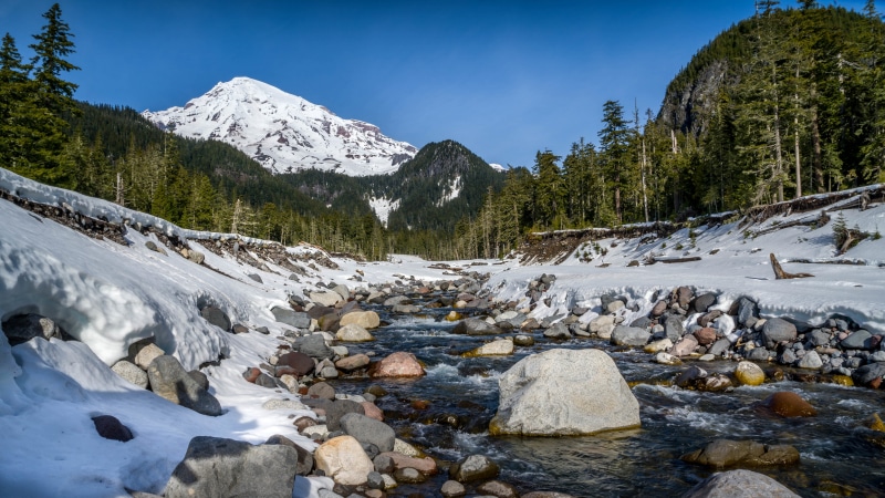 Mount Rainier National Park River in Snow