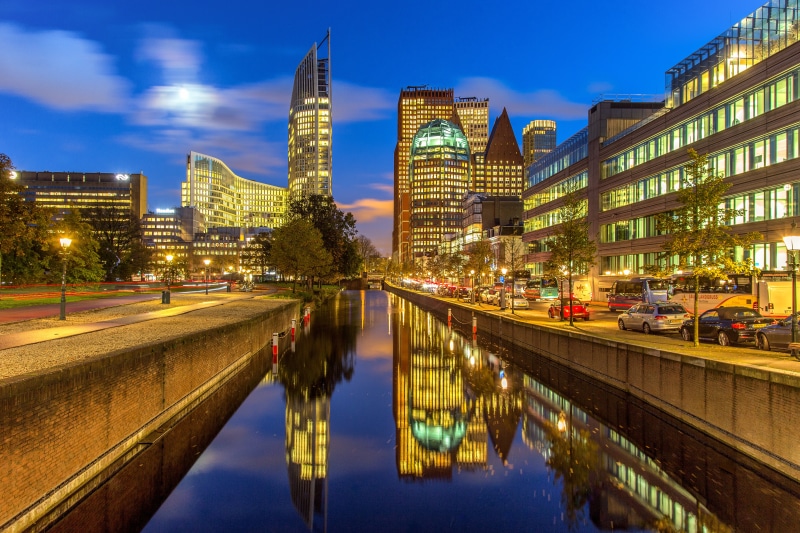 The Hague, Netherlands Canal Waterfront at Dusk