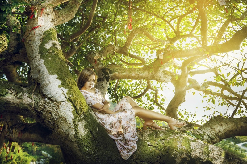 Woman in dress resting on a mossy tree branch