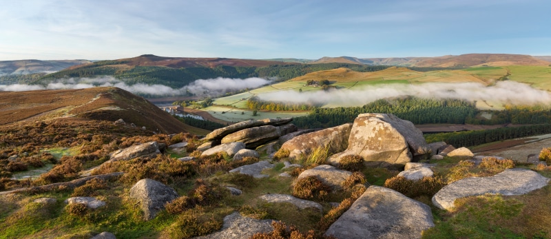 Peak District Panorama with Fog and Rocks