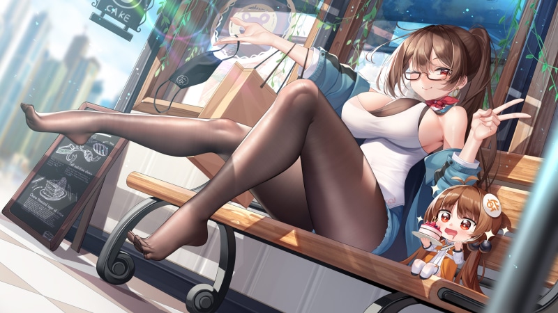 Brown-haired girl with glasses sitting on a bench with a cake