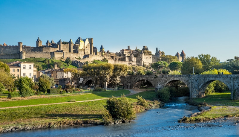 Carcassonne Castle and Bridges over River in France