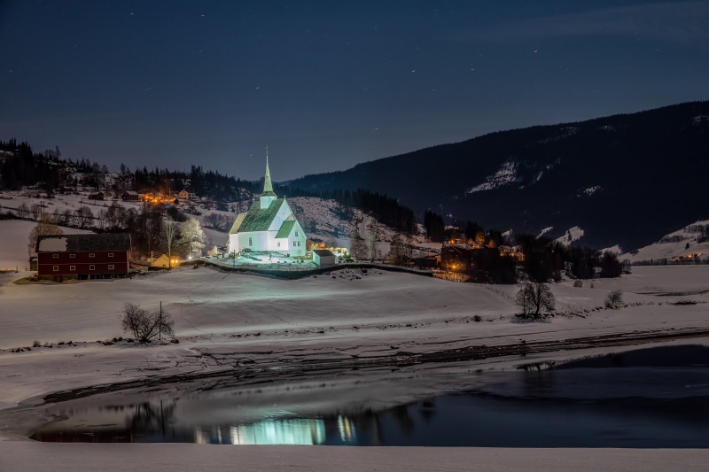 Church in Valdres, Norway at Night