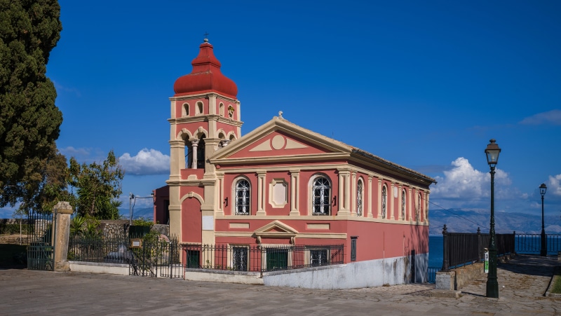 Church in Corfu, Greece with street lights