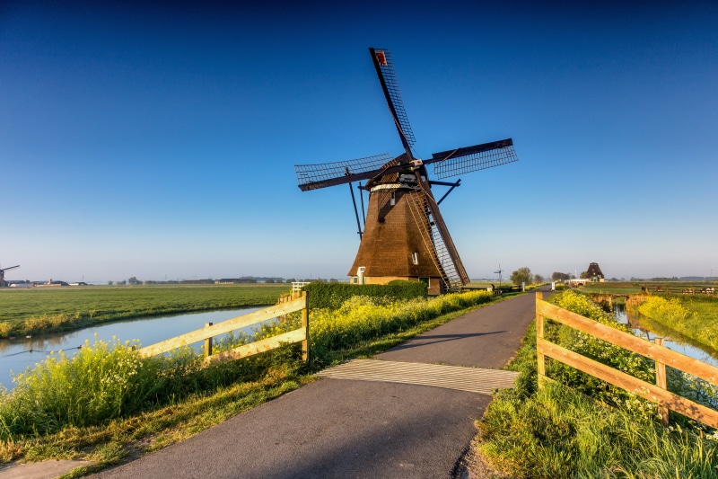 Windmills and canal in Streefkerk, Netherlands