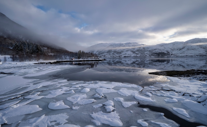 Norway Lofoten Mountains Fjord Ice