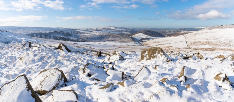 Snowy Panorama of Derbyshire Hills with Stones