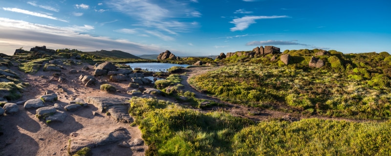 Panorama of rocky hills and a lake in Staffordshire, England