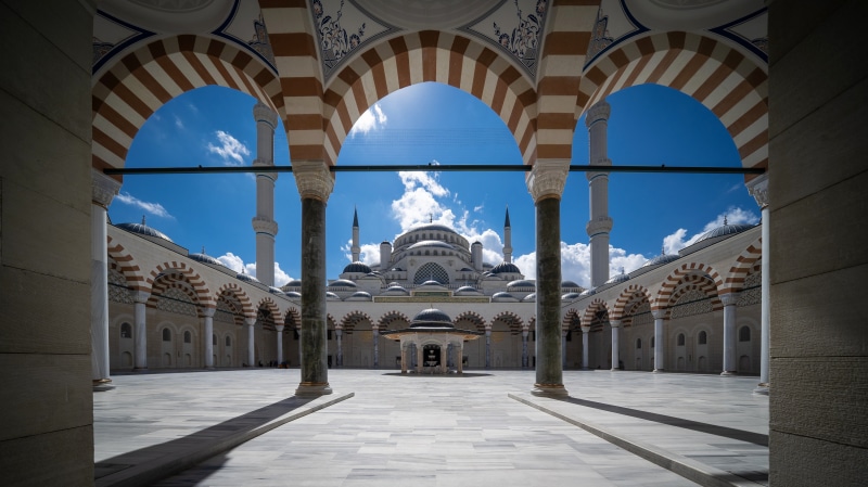 Courtyard of a large mosque with arches and domes
