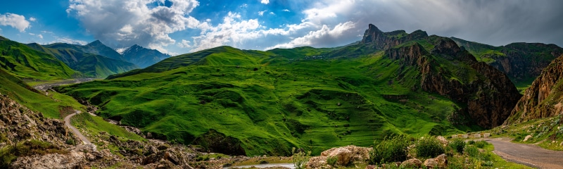 Panorama of Quba, Azerbaijan Mountains with Roads and Clouds