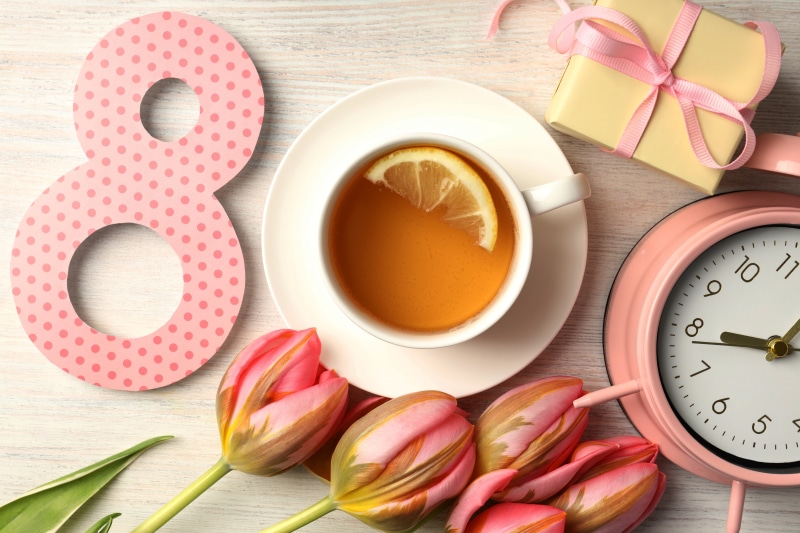 March 8th celebration with tea, tulips, and gift
