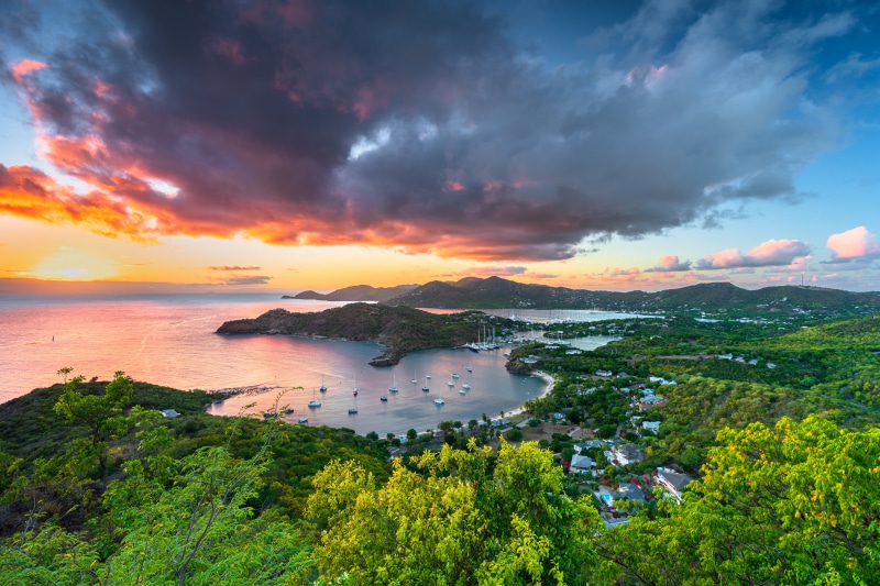 Sunset over Antigua and Barbuda with Marinas and Mountains