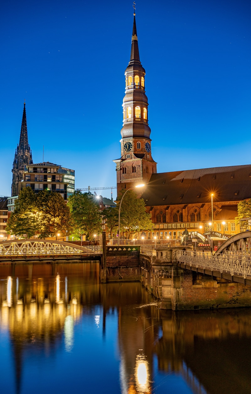 St. Nicholas Church tower and bridges over canal in Hamburg