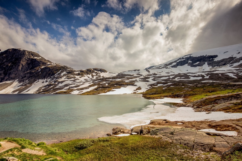 Norway Mountains and Lake with Snow