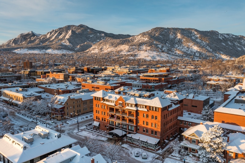 Boulder, USA, Snow-covered Mountains and Cityscape