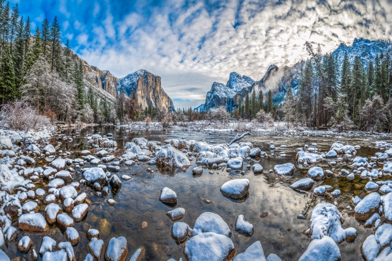 Yosemite National Park in Winter with Snow and Mountains