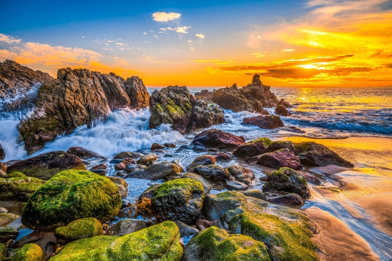 4K Malibu Beach California Coast Stones Sunset