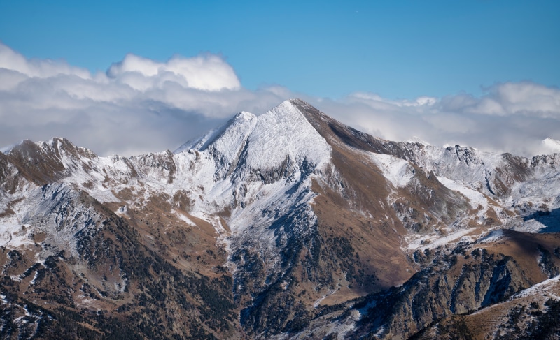 Snow-capped mountains in Andorra with clouds