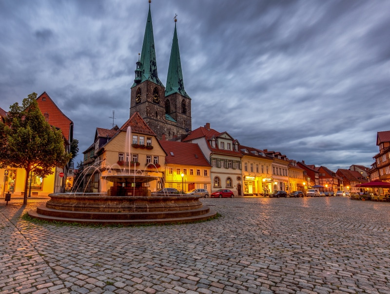 4K Quedlinburg Germany Town Square with Church and Fountain