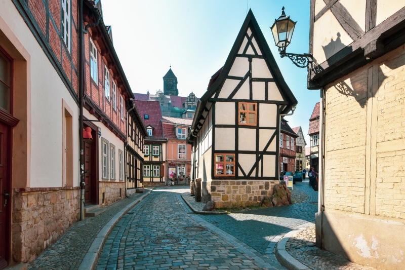 Street in Quedlinburg, Germany with Half-Timbered Houses