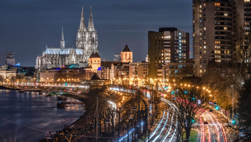 Cologne Cathedral and cityscape at night, Germany