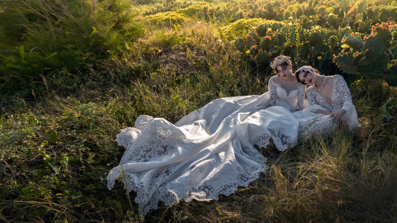 Two brides sitting in a field of grass and cacti