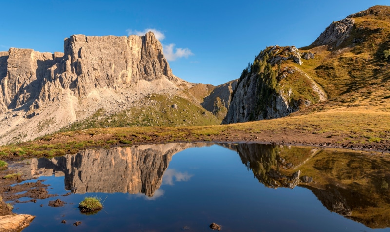 Mountains reflected in a mountain lake in the Alps