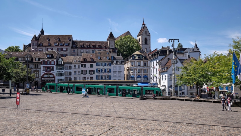 Town square with tram in Switzerland