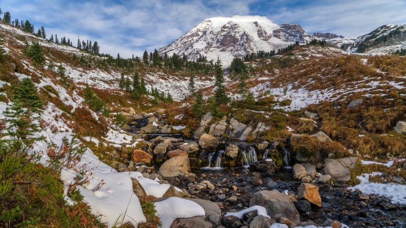 Mount Rainier National Park Stream with Snow