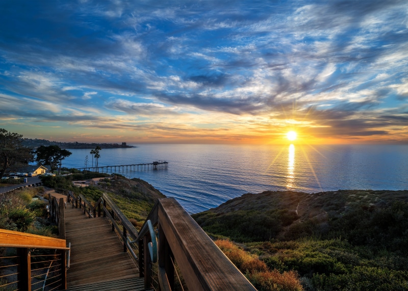 Sunset over the ocean with a pier in La Jolla, California