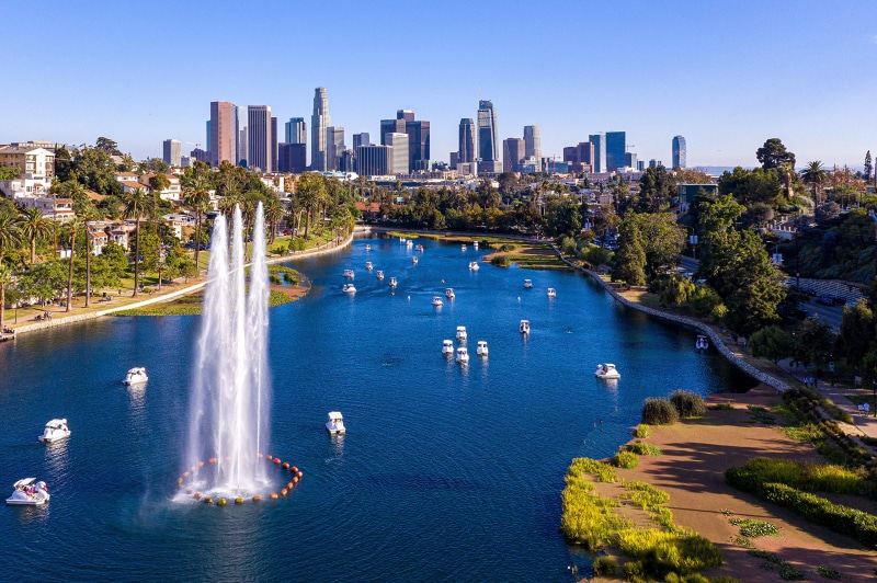 Echo Park Lake with Downtown Los Angeles Skyline