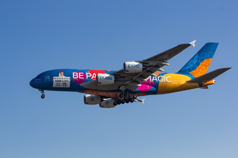 Emirates Airbus A380 airplane with Dubai Expo livery
