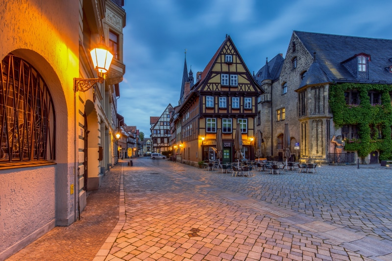 Quedlinburg Germany Street with Half-Timbered Houses