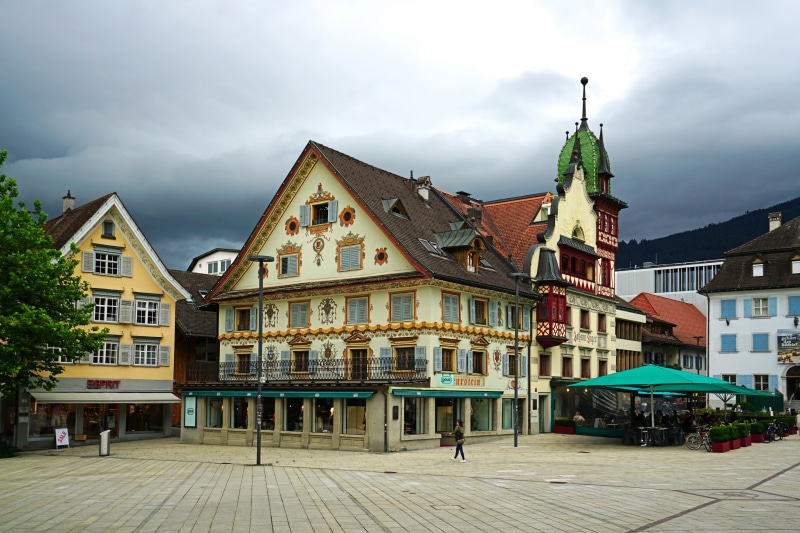 Town square in Dornbirn, Austria with traditional houses