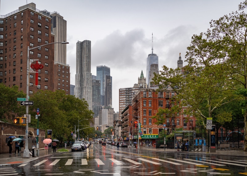Rainy Street in New York City with Skyscrapers