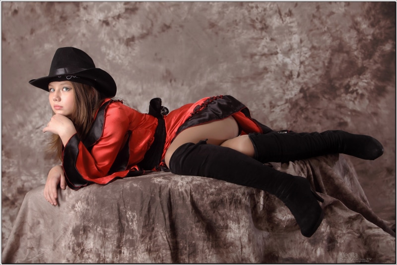 Kleofia model Brown haired Hat Lying down Dress