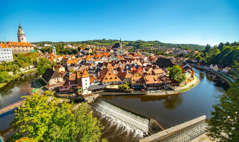 Cesky Krumlov, Czech Republic, River and Houses from Above