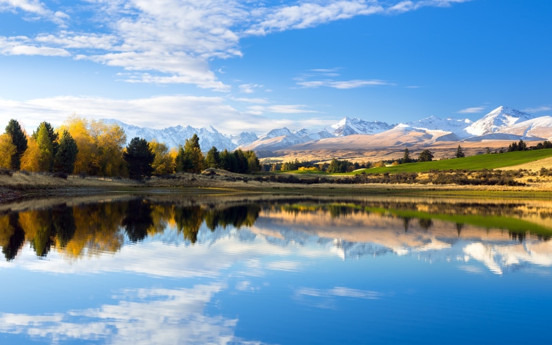 Autumn lake with reflection of mountains and trees