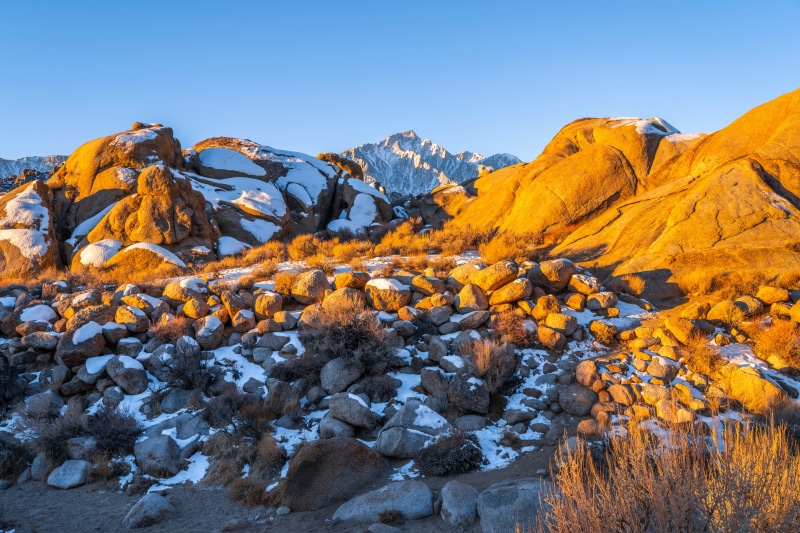 Alabama Hills Mountains with Snow and Golden Rocks