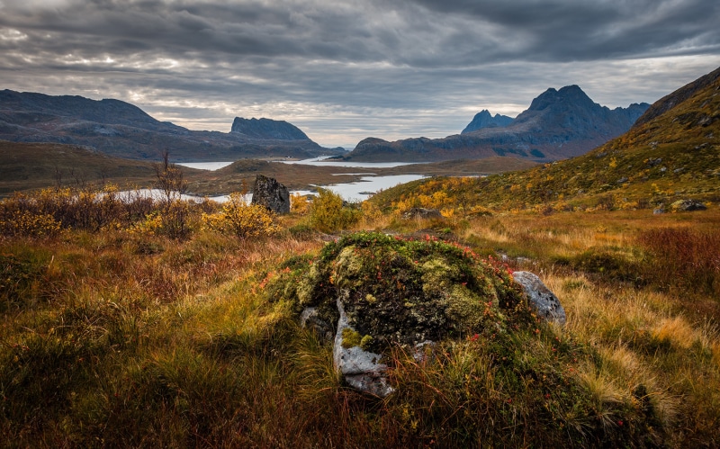 Autumn landscape with mountains and lakes in Torsfjorden, Norway