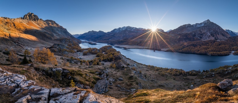 Lake Sils Panorama in the Swiss Alps at Sunrise