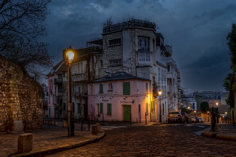 Montmartre street at night with street lights