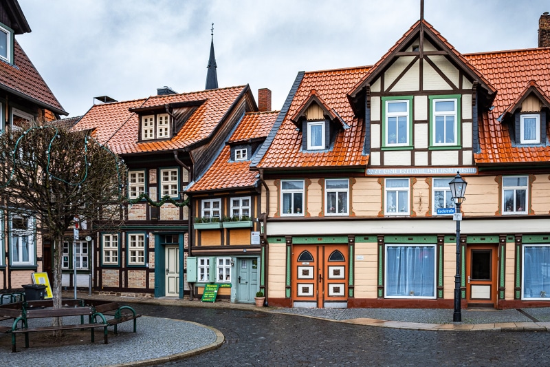 Half-timbered houses and street lamp in Wernigerode, Germany