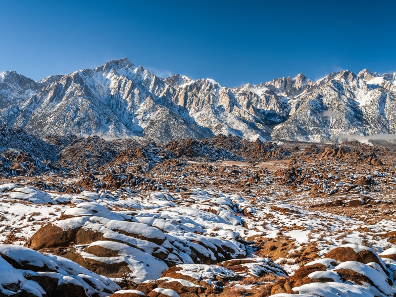 Snow-covered Alabama Hills and Mountains in Winter