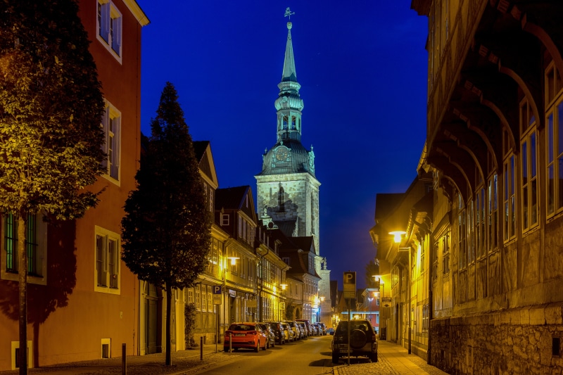 Street at Night with Church Tower in Germany