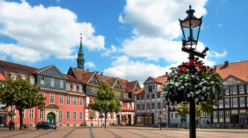 Town square with historic houses and street light, Germany