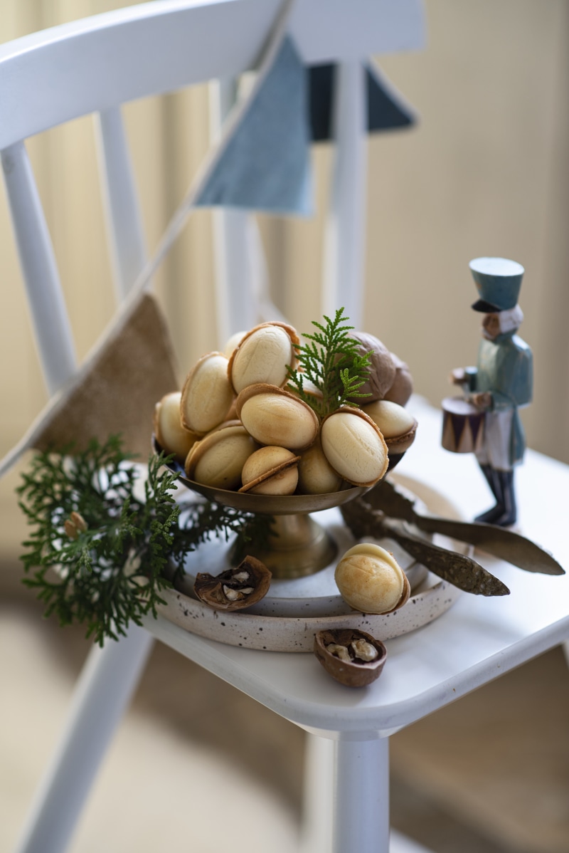 Cookies and nuts on a chair with nutcracker