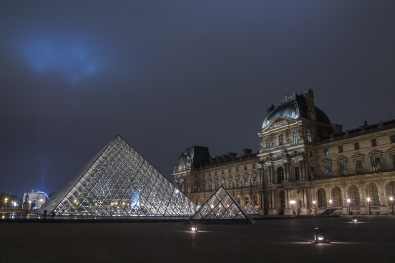 Louvre Museum at night with glass pyramid