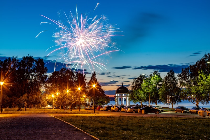 Fireworks over Petrozavodsk Park at Evening
