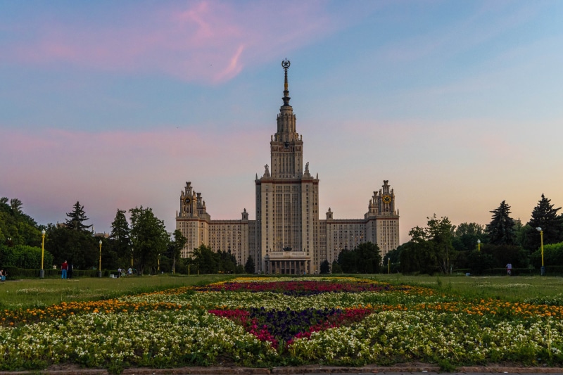 Lomonosov University in Moscow, Russia at sunset